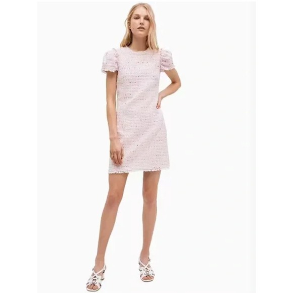 Kate Spade NY Tweed Fringe Colorful Trimmed Mini Dress Pink Puff Sleeve Size 12 - Picture 2 of 16